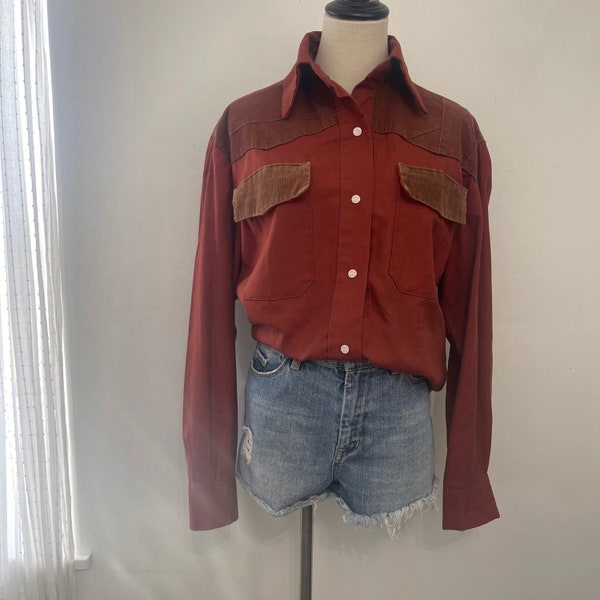 Vintage 70s Spread Collar Rust & Brown Corduroy Western Shirt
