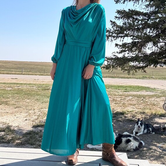 Vintage 70s Teal Jewel Tone Long Sleeve Long Gown