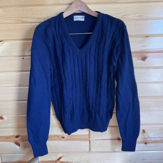 Vintage 70s Navy V-Neck Cable Knit Sweater - image 3