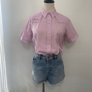 Vintage 70s Lavender & White Small Check Western Short Sleeve Pearl Snap