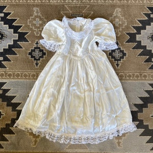Vintage Little BB Girls Ivory Satin and Lace Puff Sleeve Dress