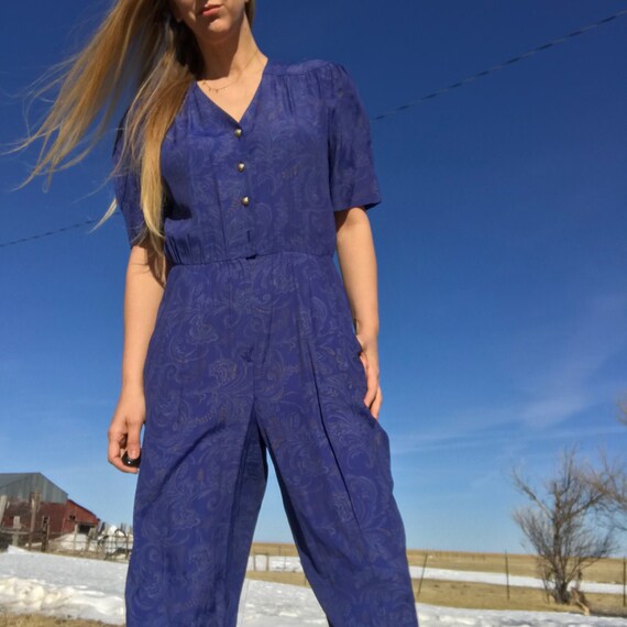 Vintage 80s Blue Paisley Jumpsuit