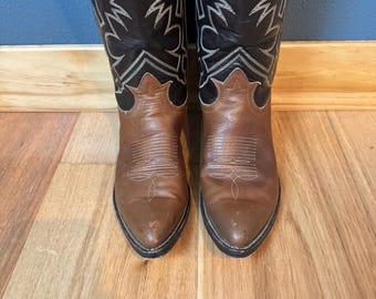 Vintage Tony Lama Brown Two-tone Flame Stitch Cowgirl Boots  display picture 1