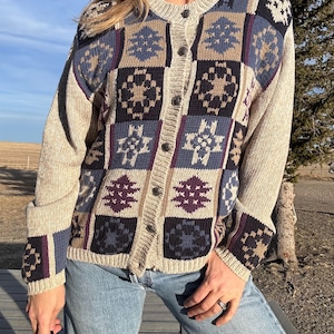 May include: Beige cardigan sweater with a button-up front and a patchwork design. The patchwork features squares with snowflake and tree patterns in navy, purple, and tan. The sleeves are solid beige.