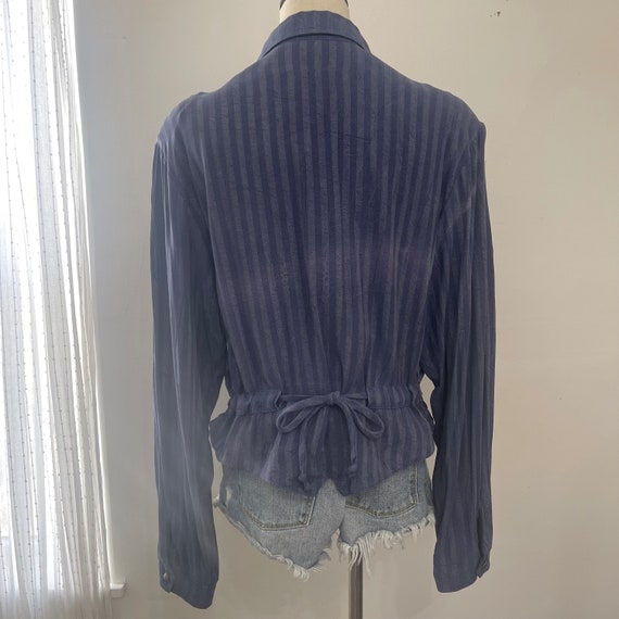 Vintage 80s Blue Striped Silky Long Sleeve Studde… - image 5