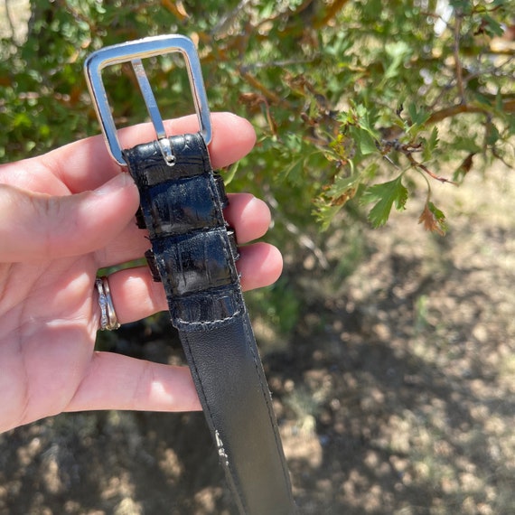 Vintage Black Stamped Croc Belt With Silver Buckle & Tip 