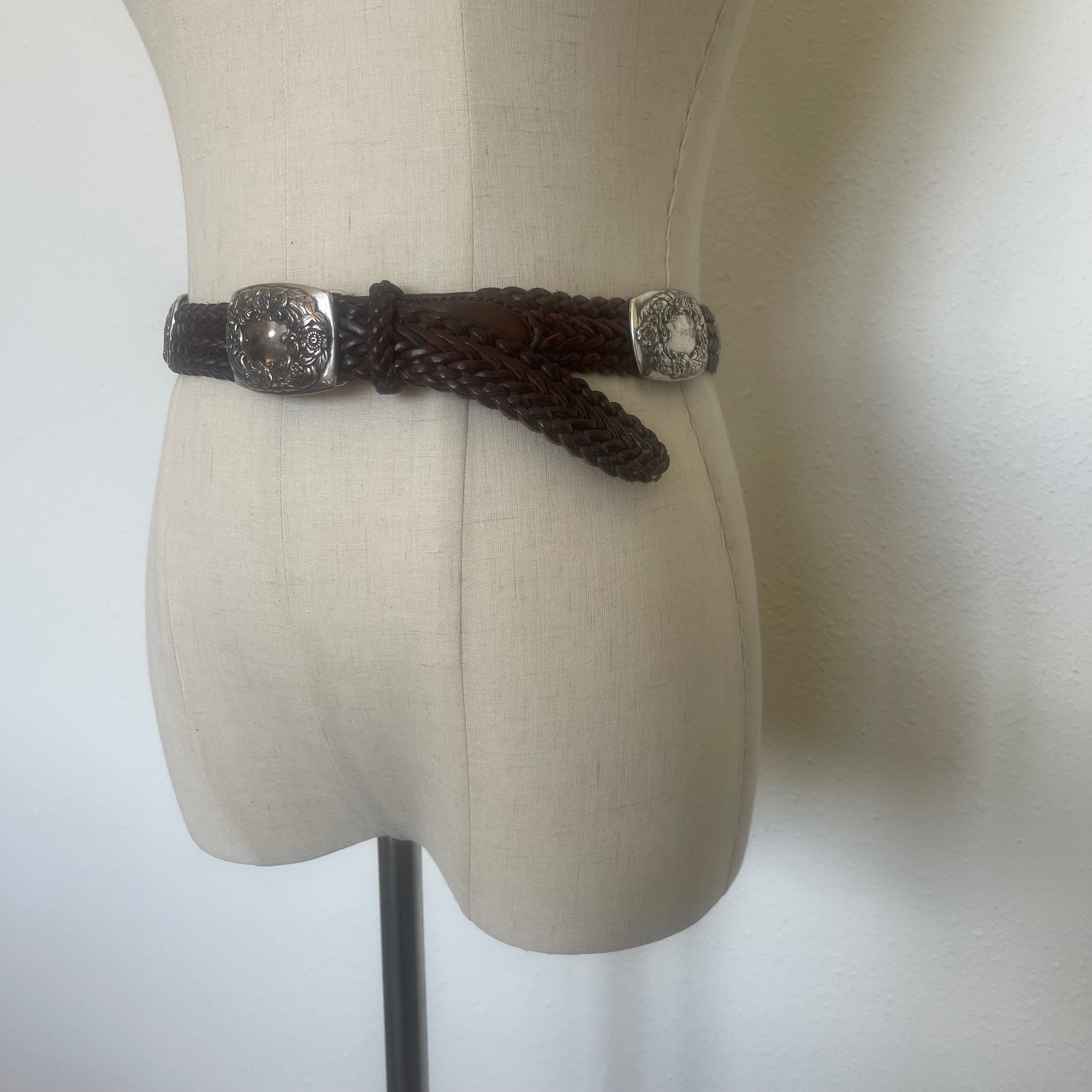 Vintage Western Dark Brown Braided Belt With Silver Tooled  display picture 1
