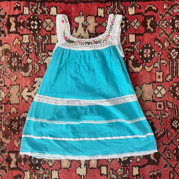 Vintage Little BB Girls Turquoise Dress with Whit… - image 3