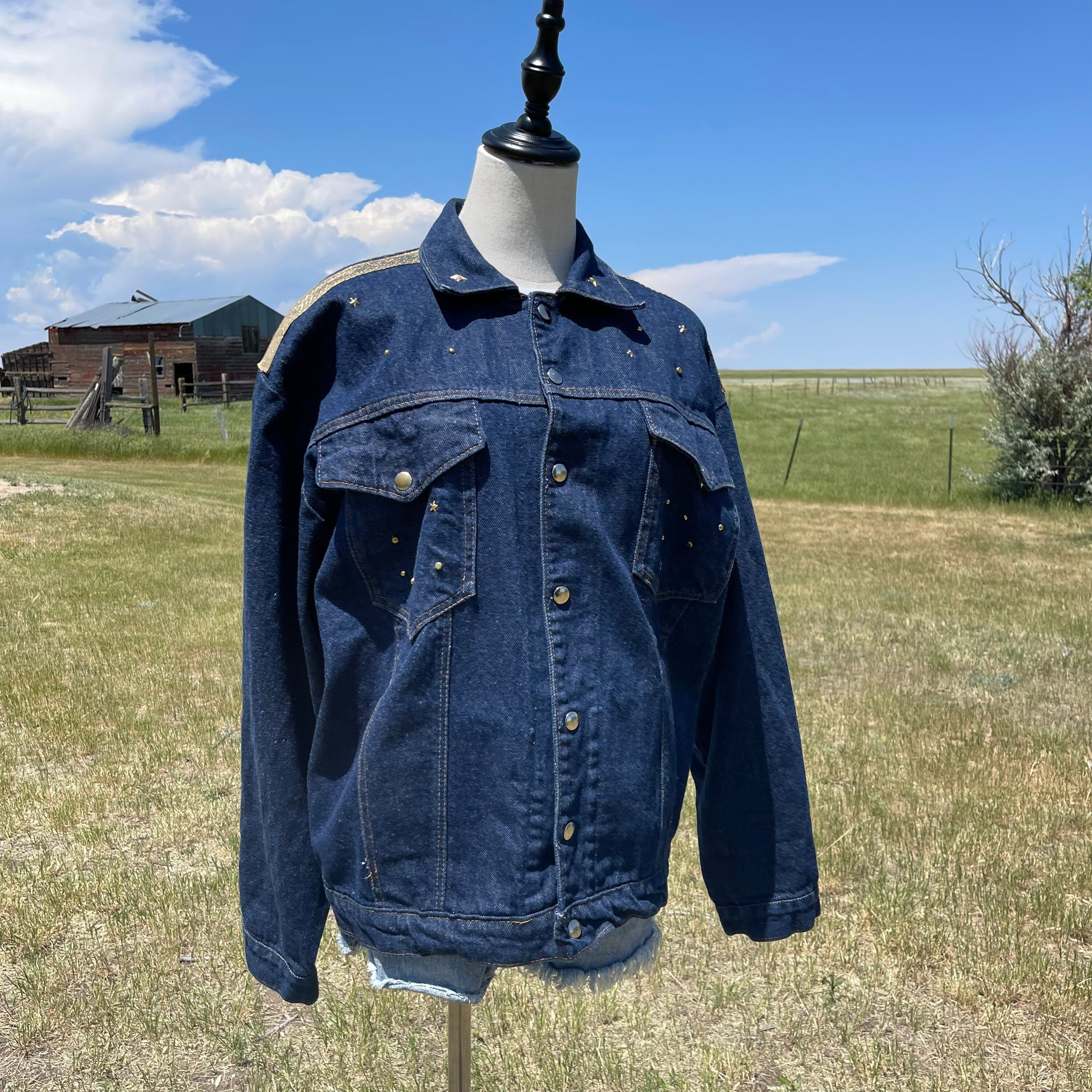 Vintage 90s Dark Blue Jean Jacket With Metallic Gold Butterfly