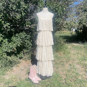 Vintage 70s Young Edwardian Arpeja Ivory Lace Tiered Dress
