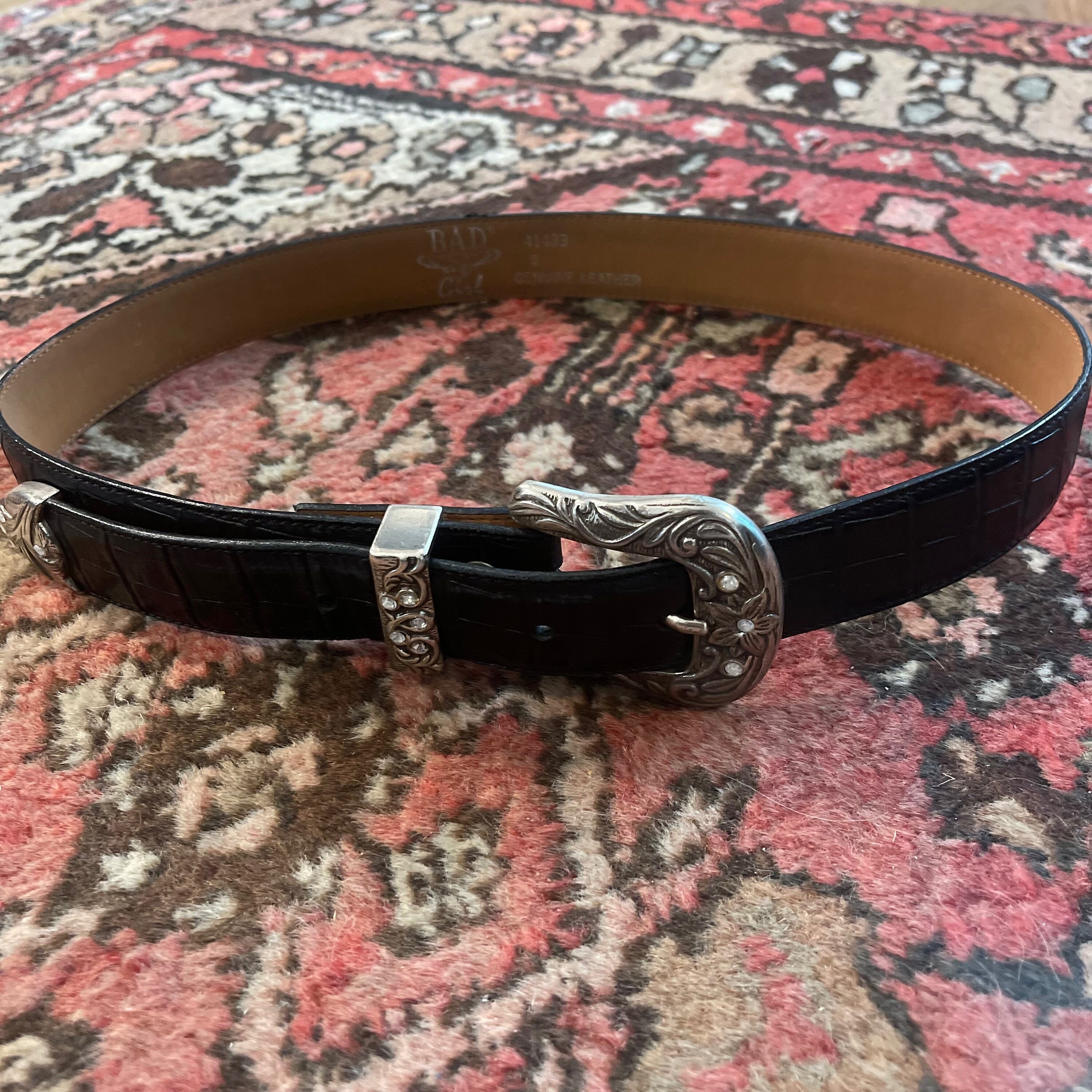 VINTAGE Black faux croc belt with giant rhinestones stretch back 42x3”/SZ 2X Midnight Croc Belt – INSOMNIA VISUALS main image 4