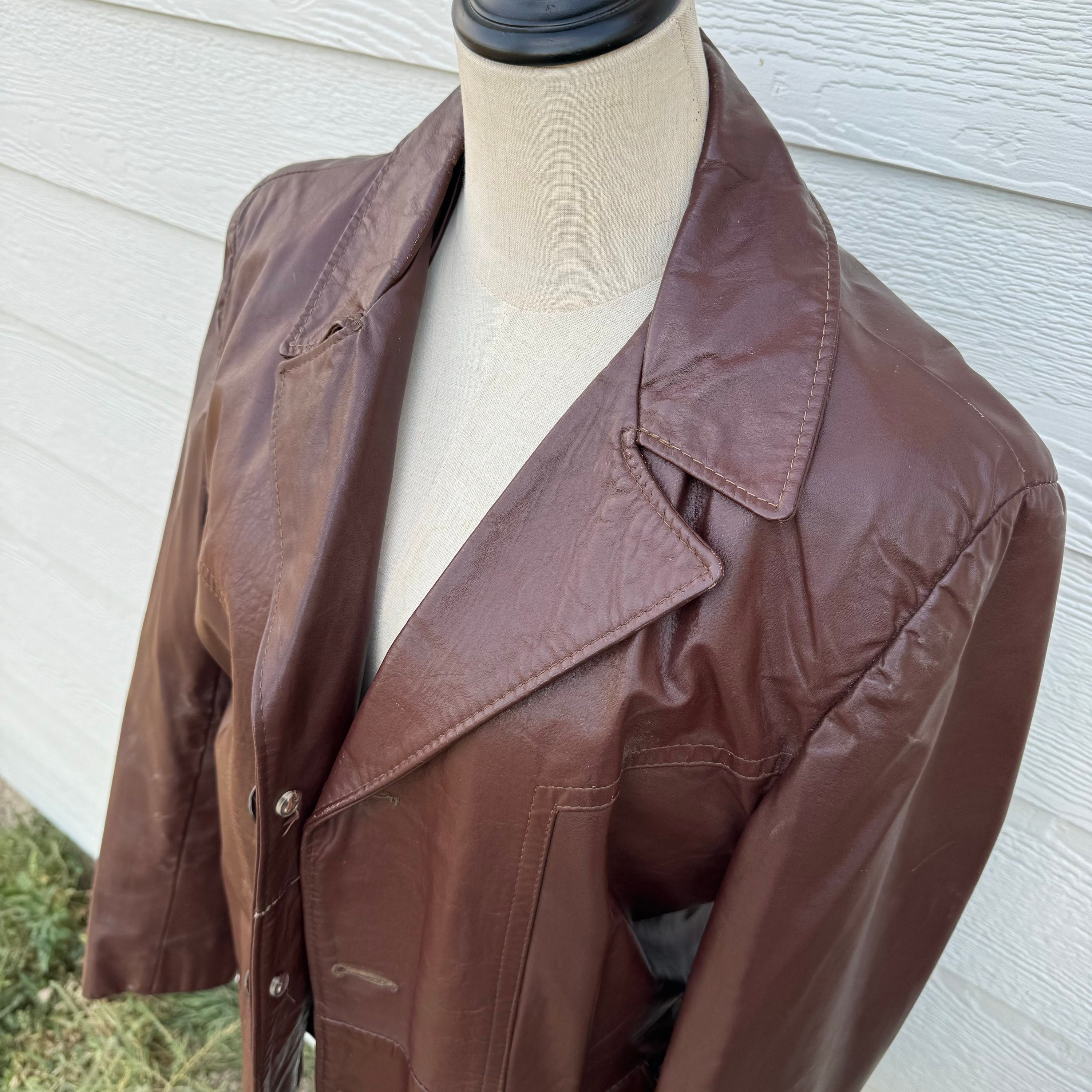 デザイン◎ 70s~ UNKNOWN Vintage Leather JKT 70s Oxblood Leather Long Belted Vintage Jacket Woven Collar