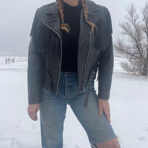 Vintage 80s Black Leather Fringe Belted Biker Jacket