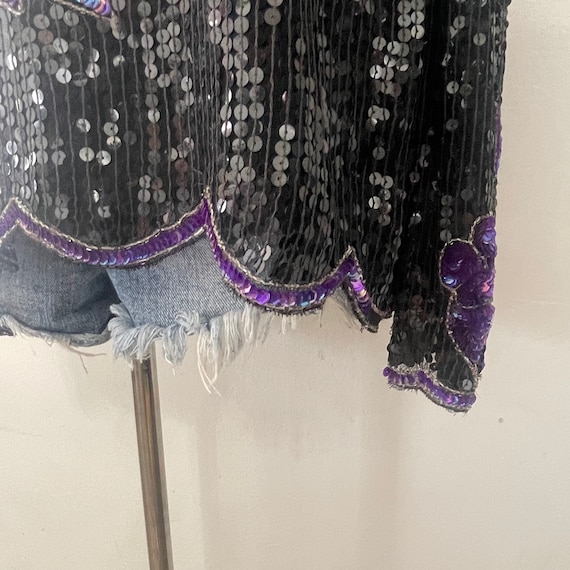 Vintage 70s Swee Lo Sequin Black & Purple Floral … - image 8