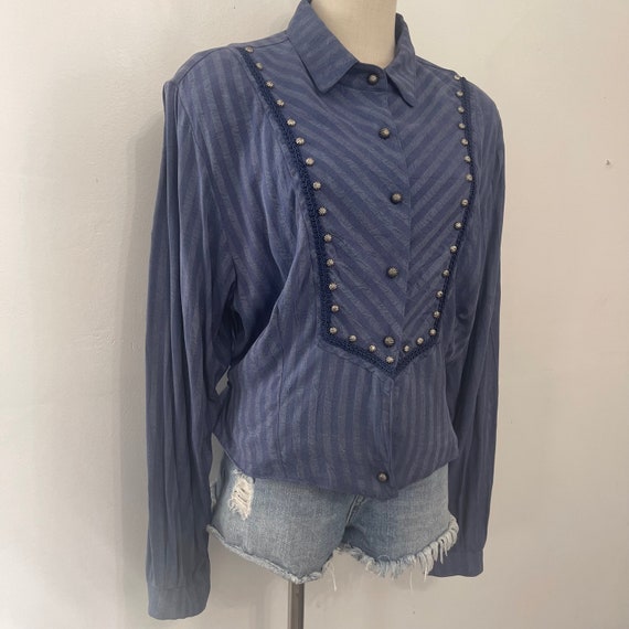 Vintage 80s Blue Striped Silky Long Sleeve Studde… - image 4