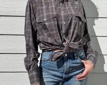 Vintage 90s Wrangler Gray & Brown Plaid Western Pearl Snap Shirt