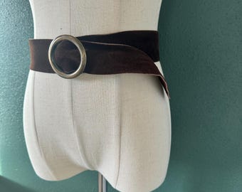 Vintage Dark Brown Suede Belt with Antiqued Brass Circle Buckle