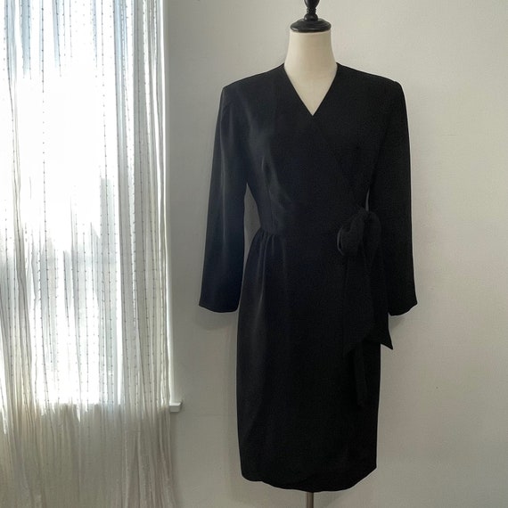 Vintage 80s Black Long Sleeve Wrap Dress with Sho… - image 1