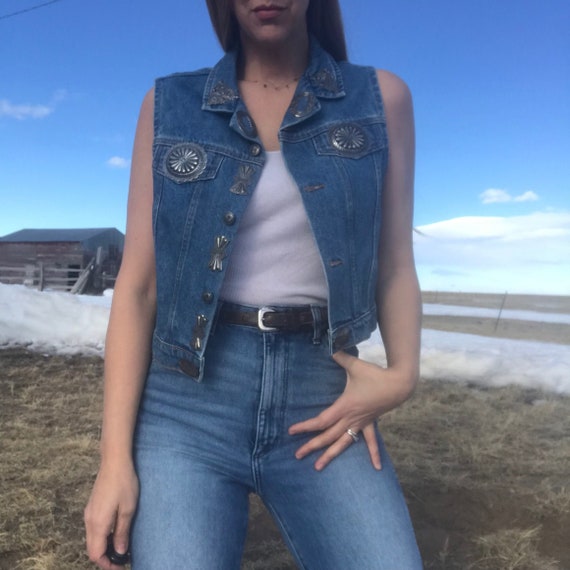 Vintage 90s Jean Vest With Metal Work Design Etsy UK