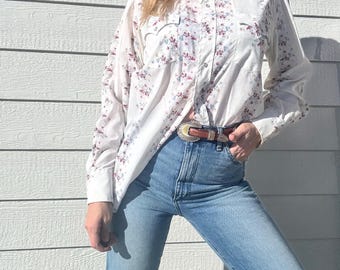 Vintage 60s/70s Karman White Floral Western Pearl Snap Shirt