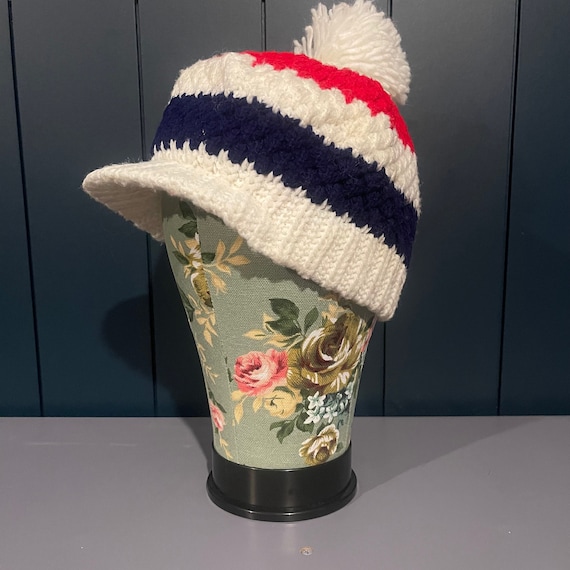 Vintage Union Made Pom Pom Brim Striped Knit Hat - image 1