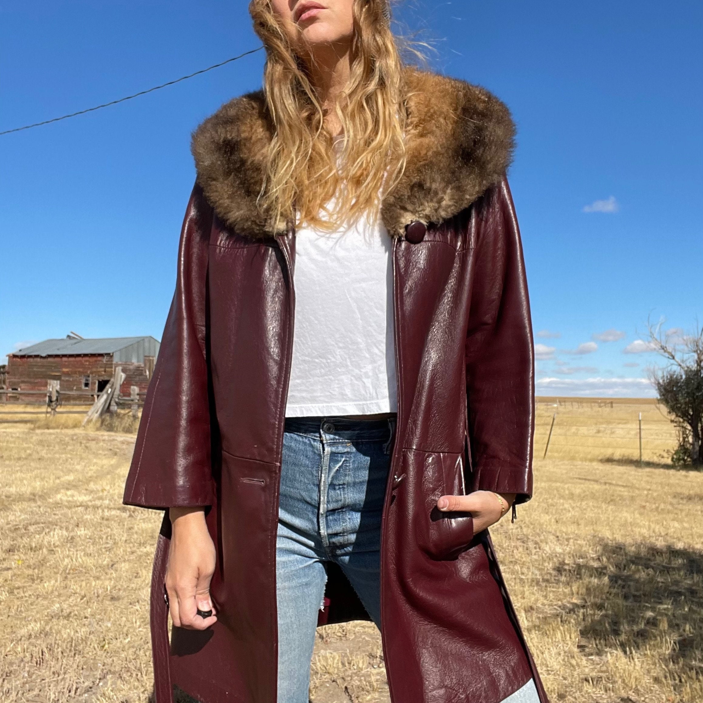 Vintage 70s Oxblood With Fur Trim Leather Belted Penny Lane Vintage 70s Oxblood With Fur Trim Leather Belted Penny Lane