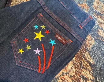 Vintage 80s Girls Jeans, Colorful Star Embroidery, Size 10