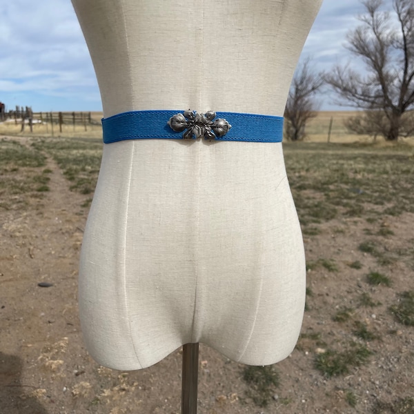 Vintage Light Blue Elastic Belt with Silver Floral Clip on Front Clasp