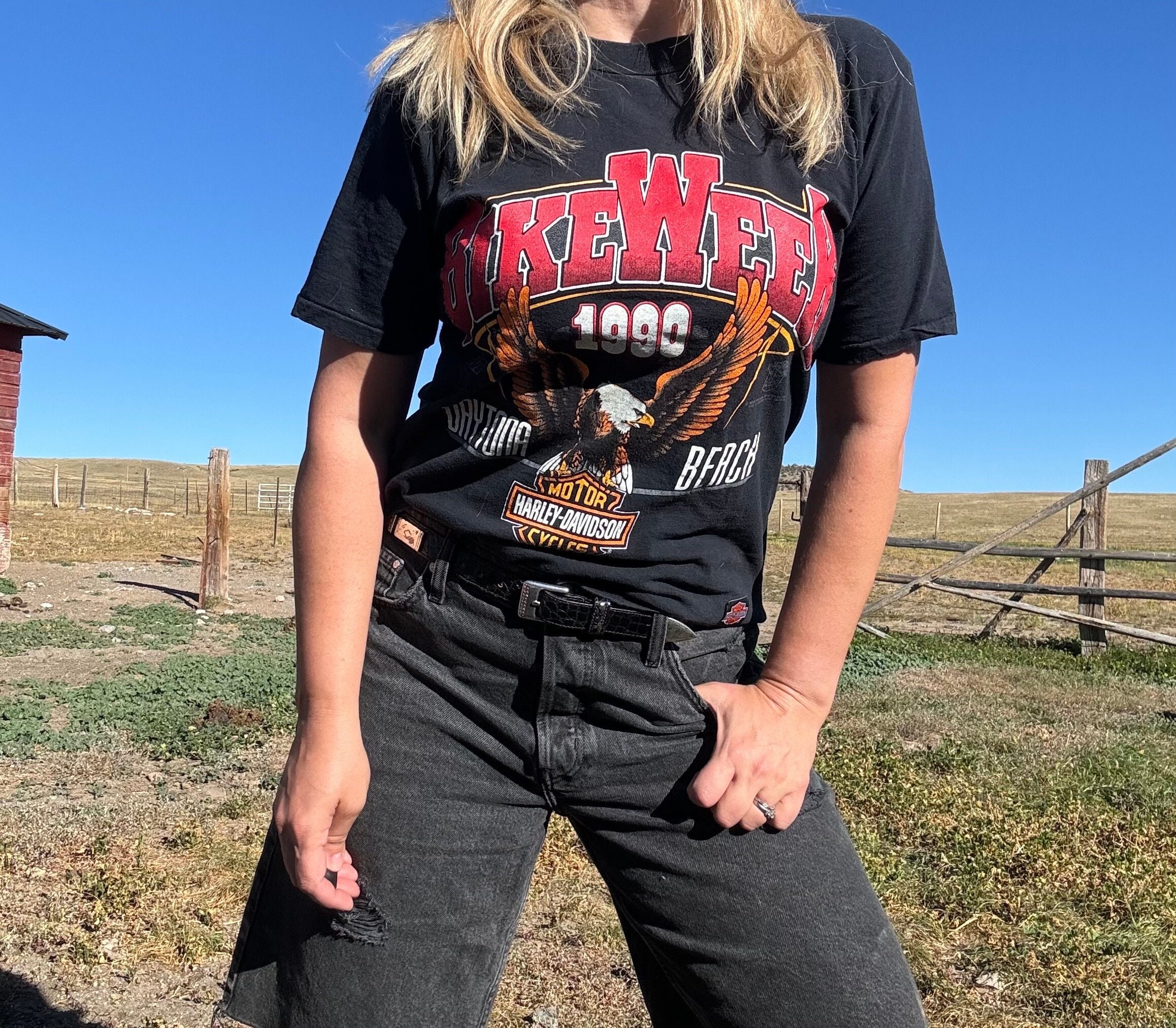 Vintage Black Harley Davidson 1990 Daytona Beach Bike Week T-shirt 