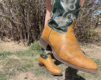 Vintage Tony Lama Western Boots, Camel & Dark Green, Men's 8EE