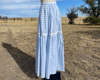 Vintage 70s Handmade Pale Blue Gingham Long Prairie Skirt