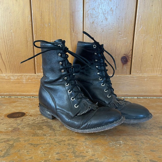 Vintage Black Western Lace Up Kiltie Packer Boots Mens 8.5D