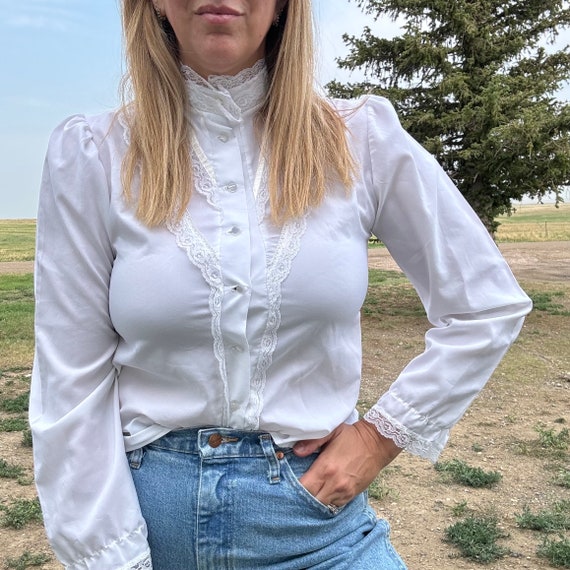 Vintage 80s Cirel Fashion High Neck Prairie Blouse With Lace