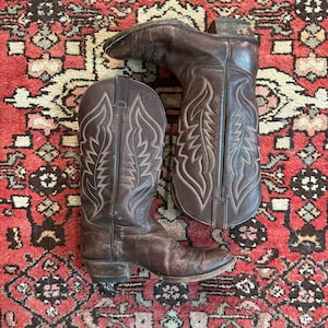Vintage chocoladebruine westernlaarzen met vlamstiksels 8D heren/dames 9/9,5
