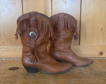 Vintage Acme Caramel Fringe & Concho Cowgirl Western Boots Size 7.5M