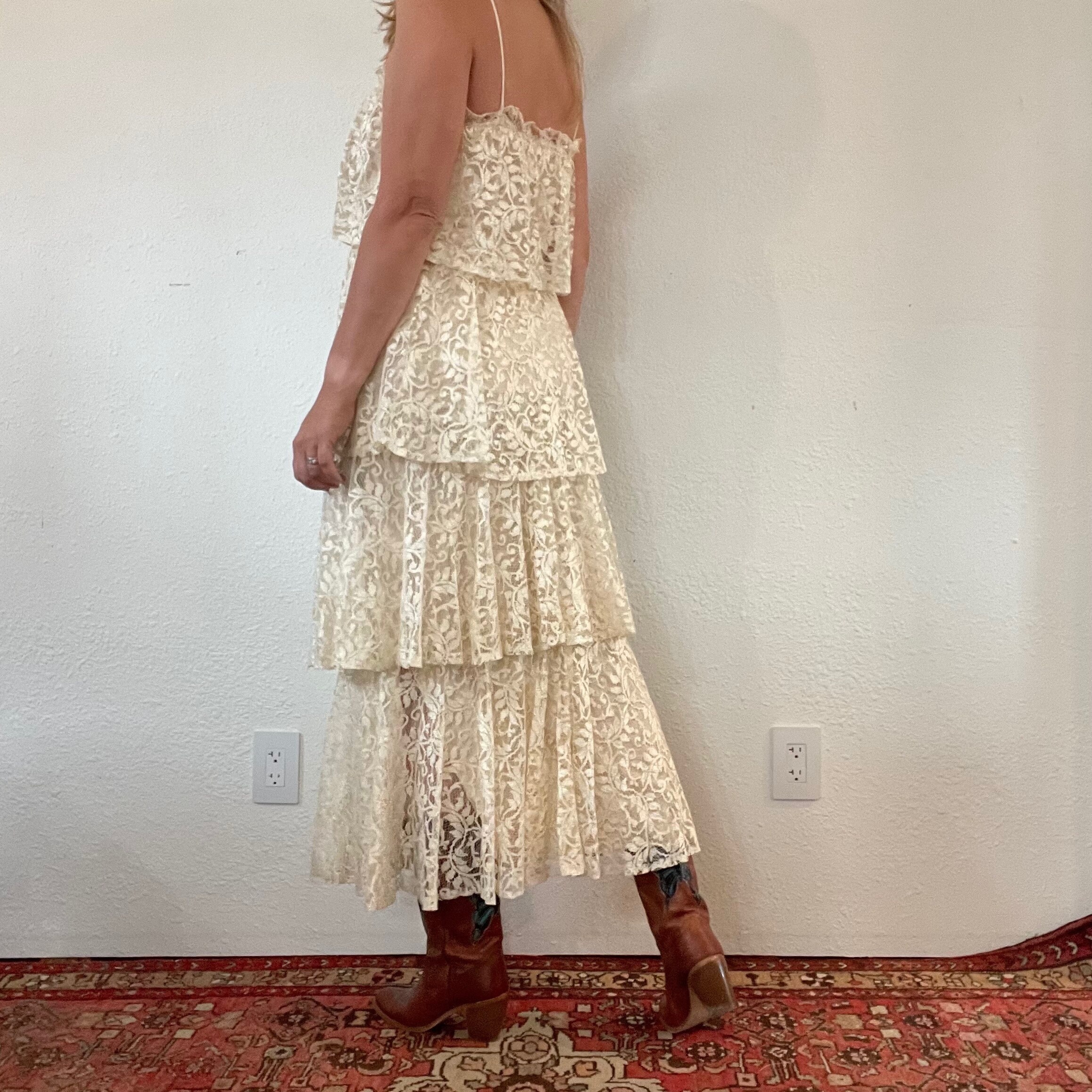 Vintage 70s Young Edwardian Arpeja Ivory Lace Tiered Dress
