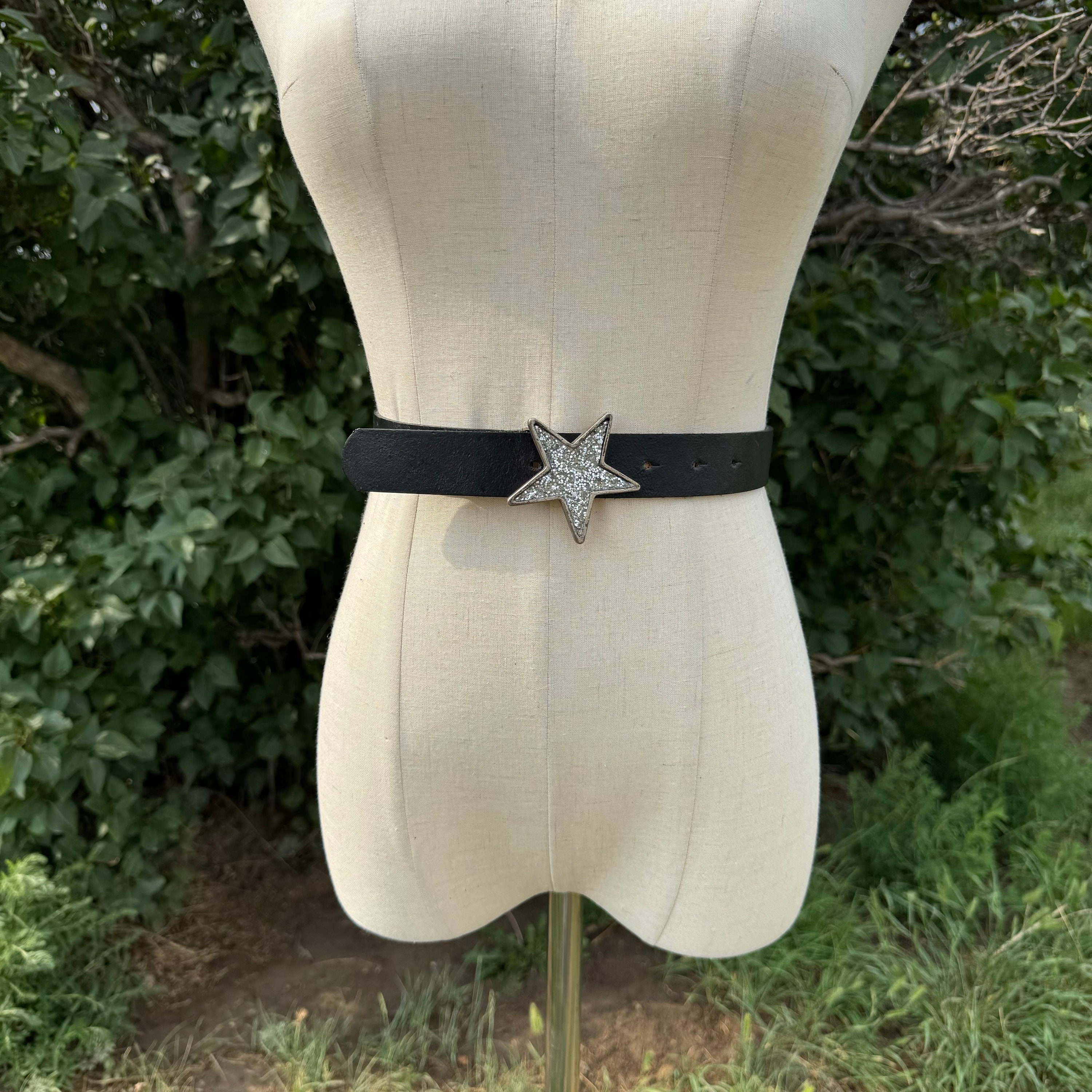 Vintage Black Leather Belt With Silver Glitter Star Buckle Vintage Black Leather Belt With Silver Glitter Star Buckle