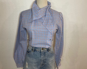 Vintage 80s Langtry Vintage Blue Check Blouse