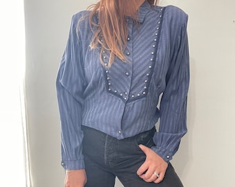 Vintage 80s Blue Striped Silky Long Sleeve Studded Western Shirt