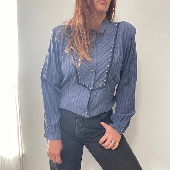 Vintage 80s Blue Striped Silky Long Sleeve Studde… - image 1