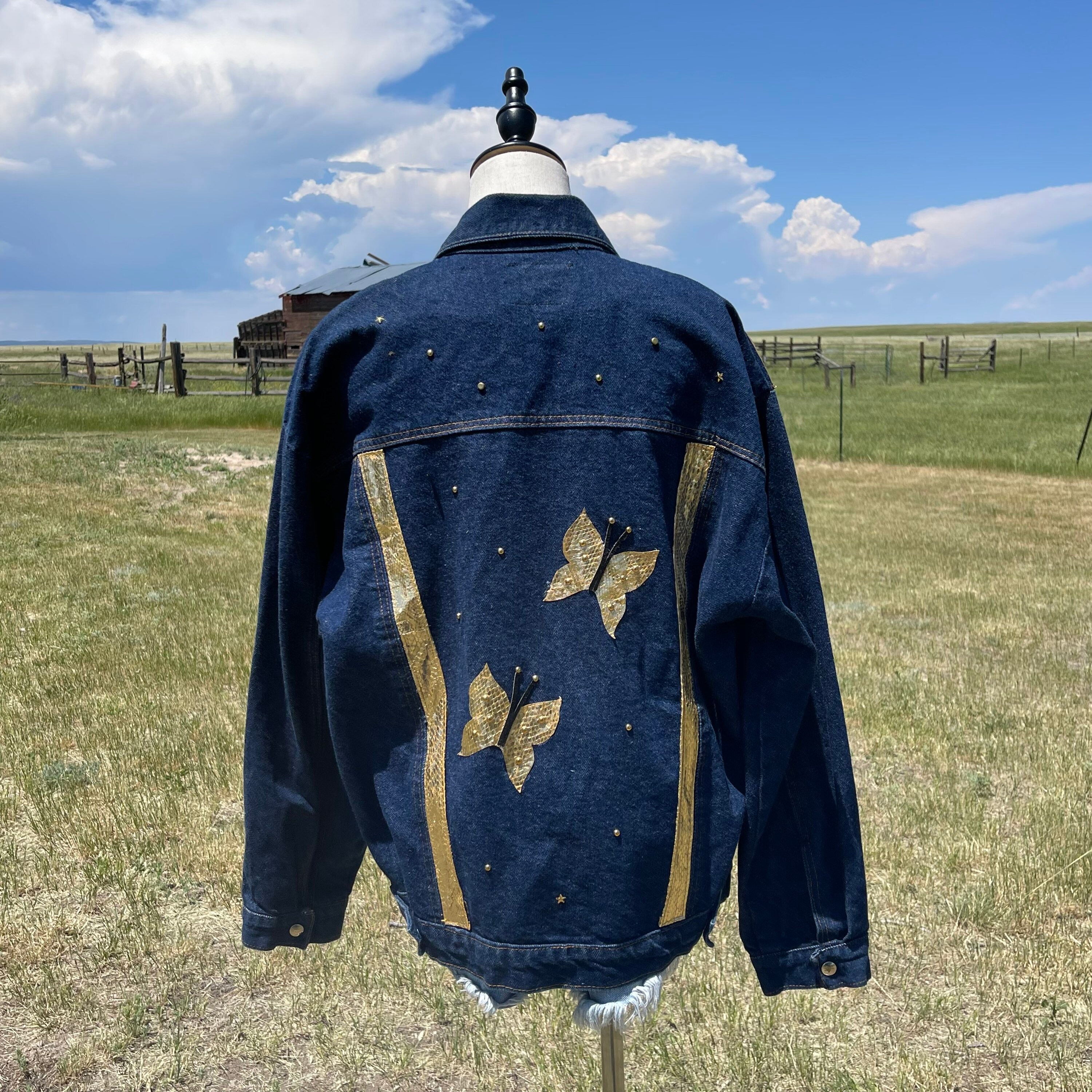 Vintage 90s Dark Blue Jean Jacket With Metallic Gold Butterfly