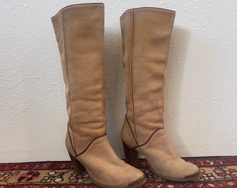 Vintage 70s Zodiac Tan Leather Tall Western Boots, Metal Toe, Size 8
