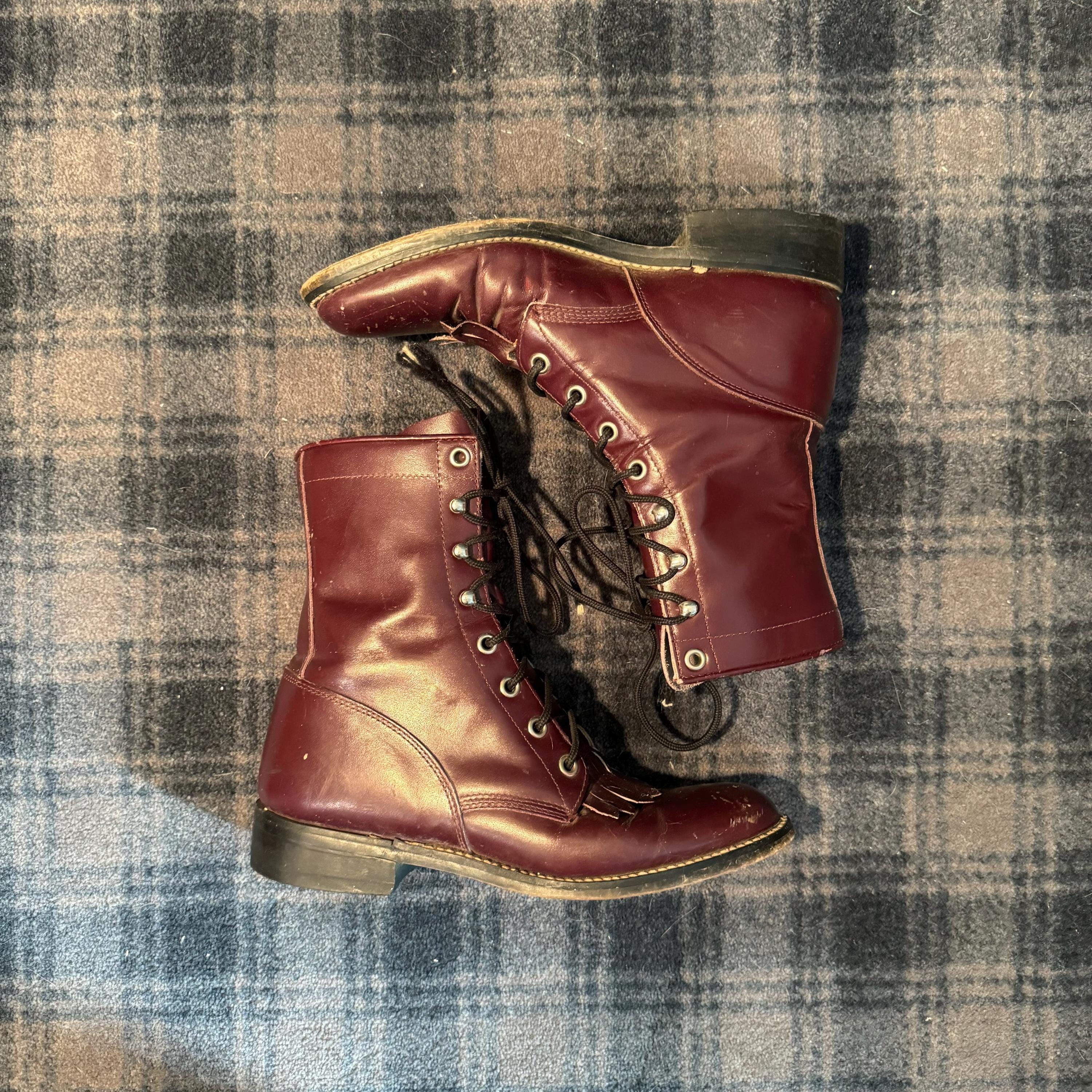 Vintage Burgundy Lace up Western Kiltie Packer Boots Men display picture 2