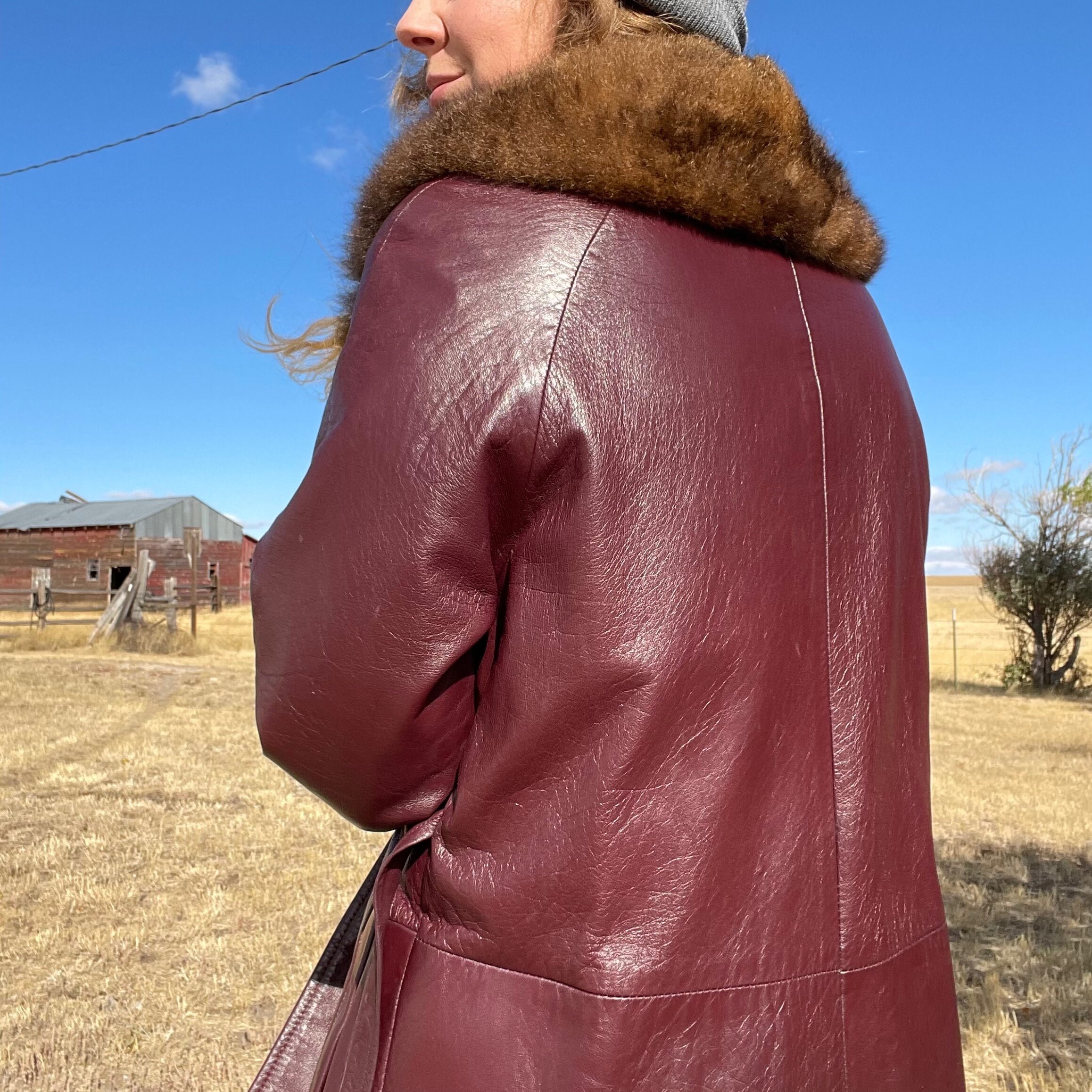 Vintage 70s Oxblood With Fur Trim Leather Belted Penny Lane