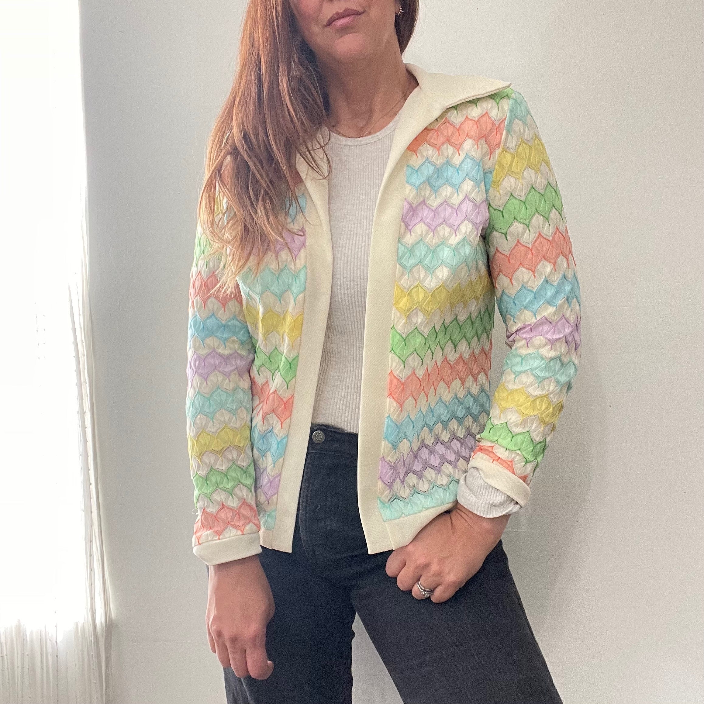 カーディガン Antique collar knit cardigan Vintage 60s Multi Color Spread Collar Knit Open Cardigan - Etsy