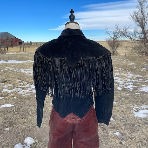 Vintage 70s Pioneer Wear Black Suede Fringe Jacket - image 2