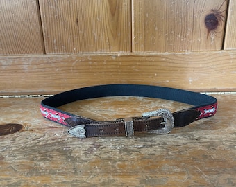 Vintage Red Tribal Print Fabric and Brown Leather Belt
