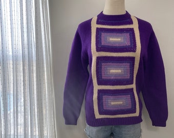 Suéter vintage hecho a mano Purple Geo Design Crewneck