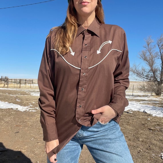 Vintage 70s Wrangler Perm Press Brown & White Pea… - image 1