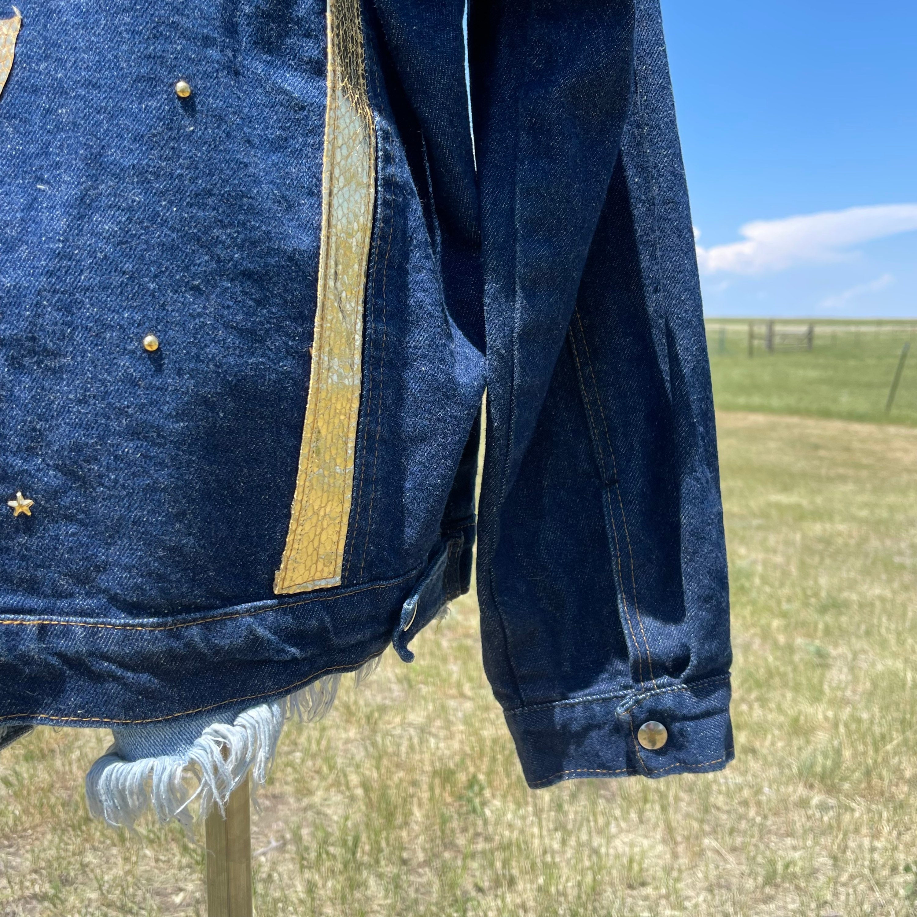 Vintage 90s Dark Blue Jean Jacket With Metallic Gold Butterfly
